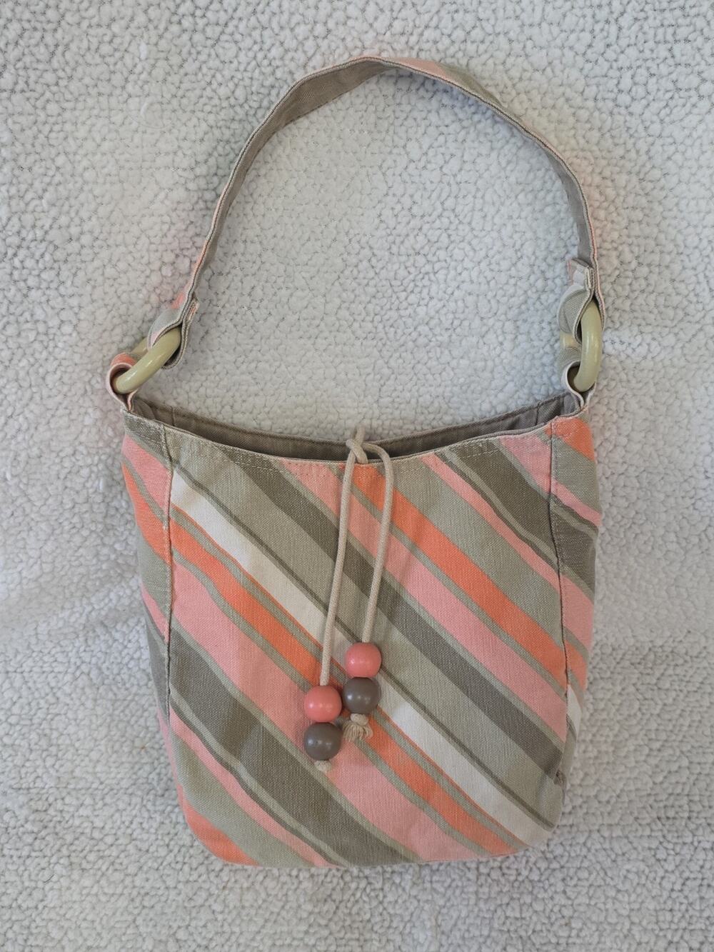 Vintage Aeropostale Shoulder Bag Purse Striped Canvas Wood Accents Pink Tan